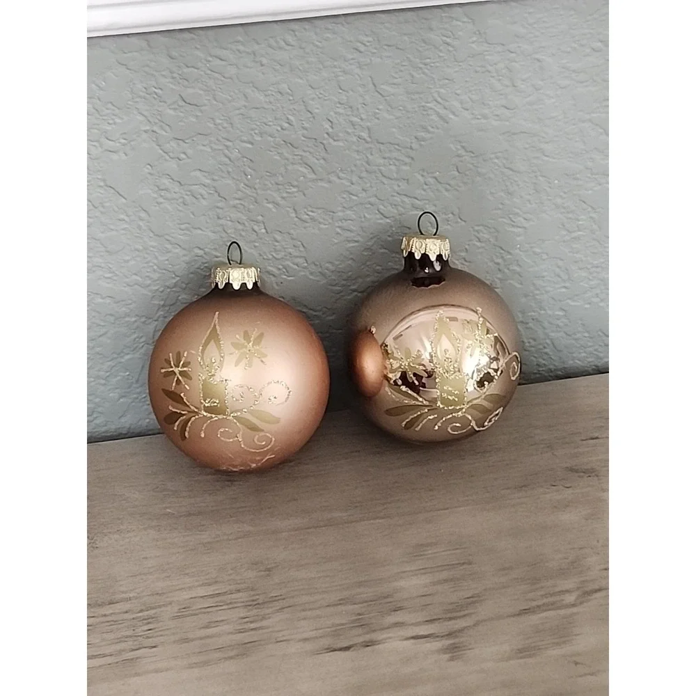 Vtg 2 Christmas Ornaments Mercury Glass‎ Stencil Ball Rose Gold Bauble Germany